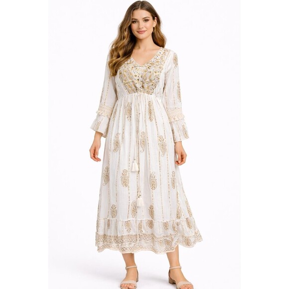 namaste india Dresses & Skirts - Namaste India Women S Dress Gold White Embroidered Bell Sleeve Festival Boho